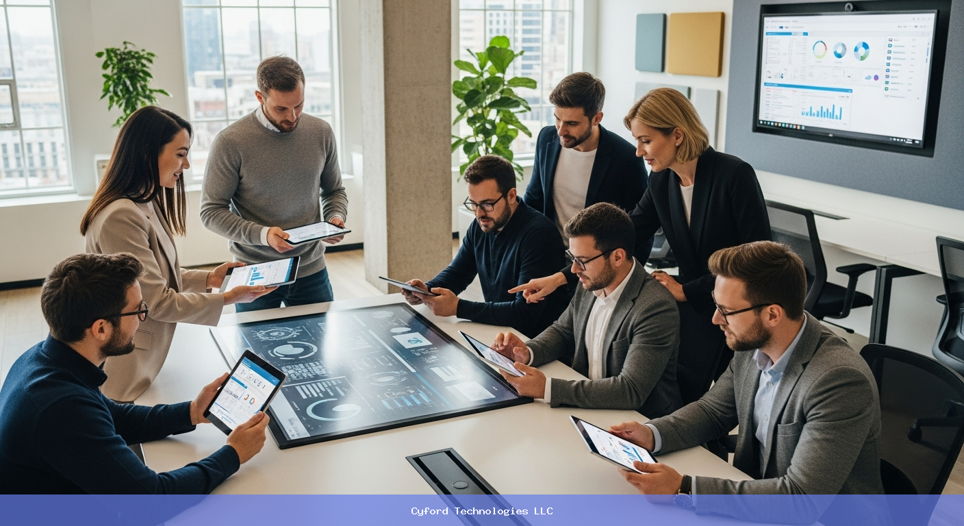 Business team collaborating in a modern tech office using tablets